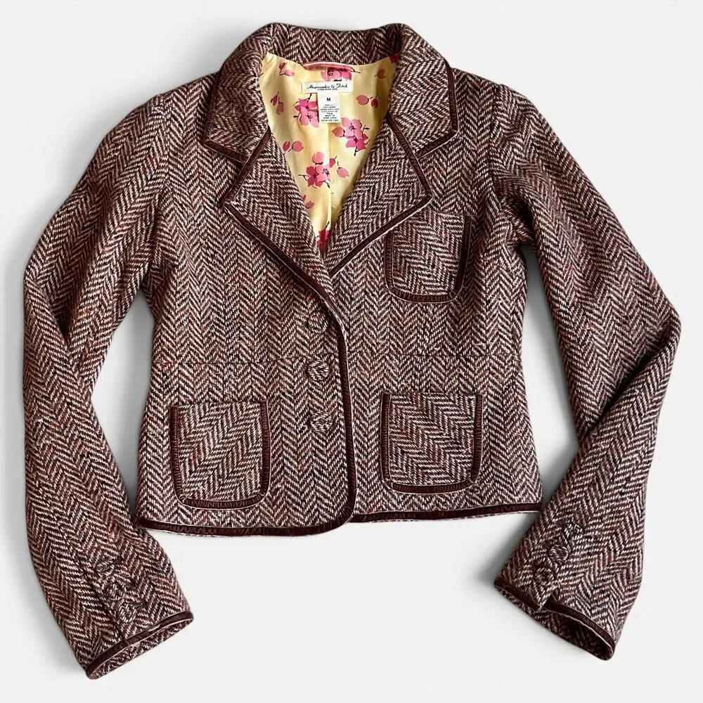 Vintage Abercrombie and Fitch Wool Herringbone Blazer M Velvet Trim Y2K Academia - Picture 2 of 11